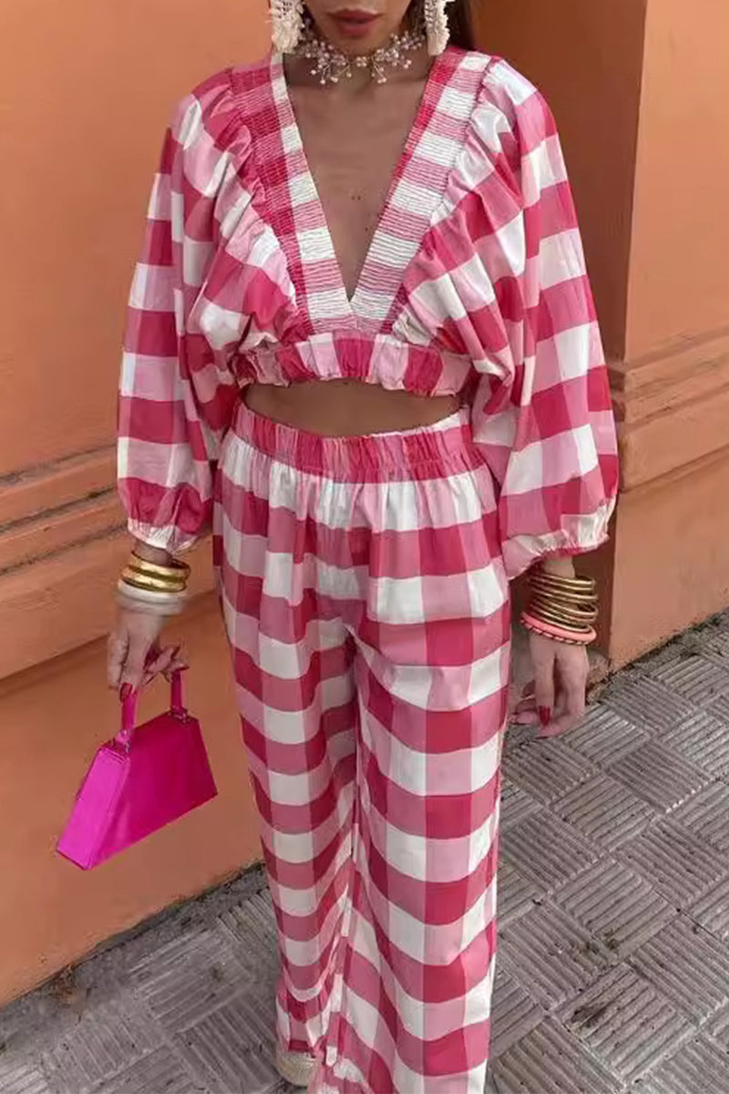 Casual Sweet Plaid Fold Contrast V Neck Long Sleeve Two Pieces - Fashionpara