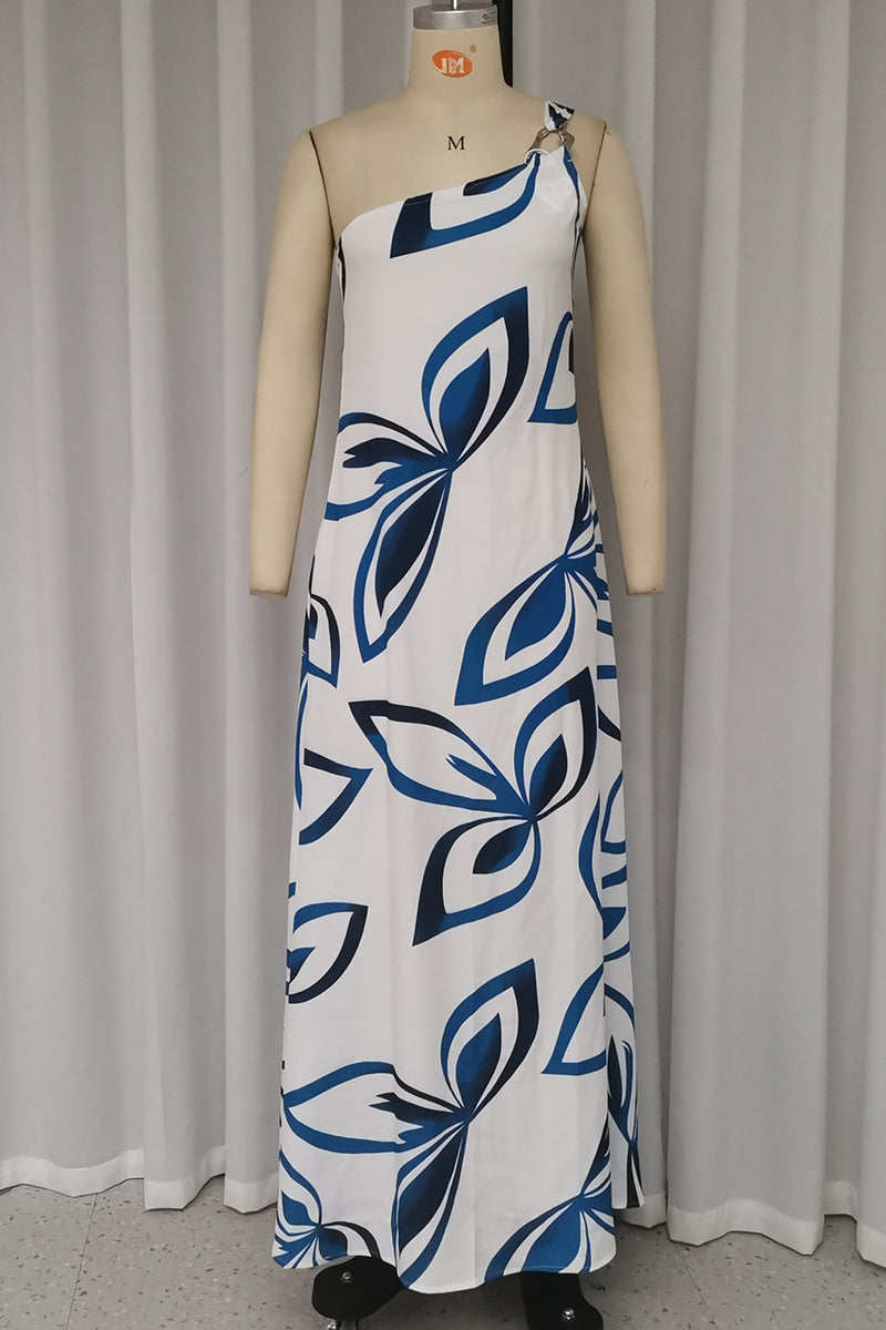 Sexy Geometric Print Metal Accessories Decoration Oblique Collar Printed Dresses - Fashionpara