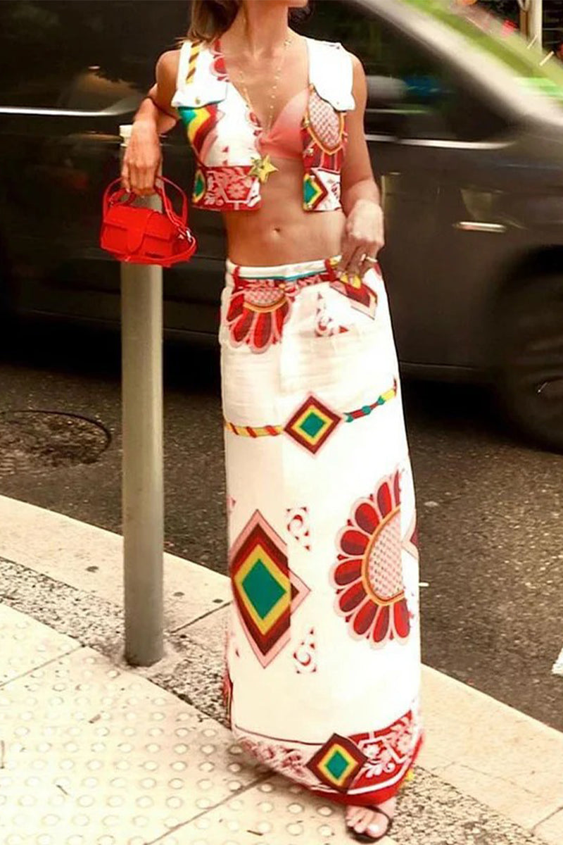 Sexy Vintage Geometric Print Patchwork V Neck Sleeveless Two Pieces  Fashionpara