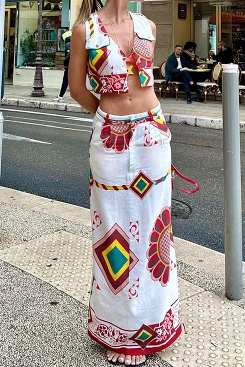 Sexy Vintage Geometric Print Patchwork V Neck Sleeveless Two Pieces  Fashionpara