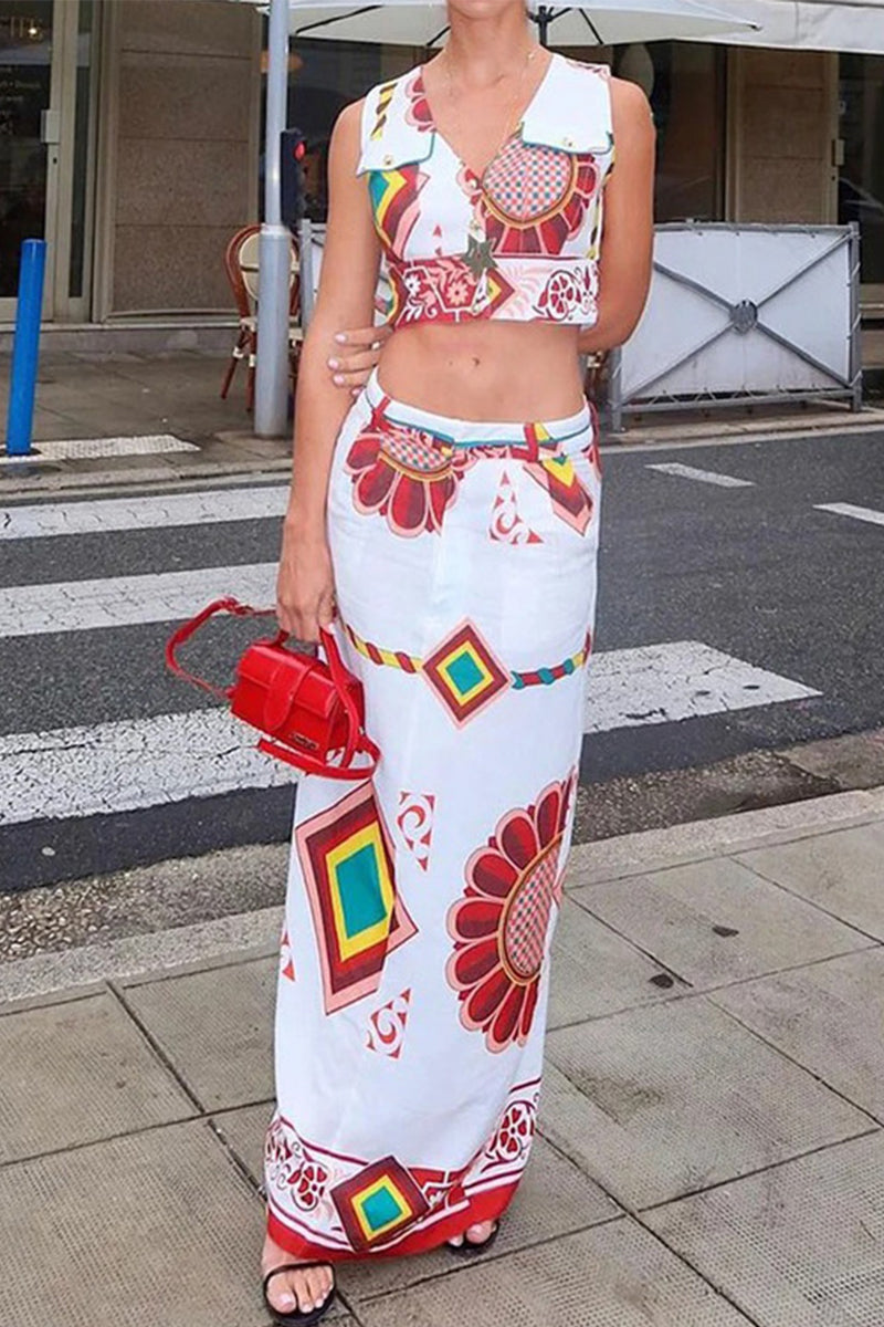 Sexy Vintage Geometric Print Patchwork V Neck Sleeveless Two Pieces  Fashionpara