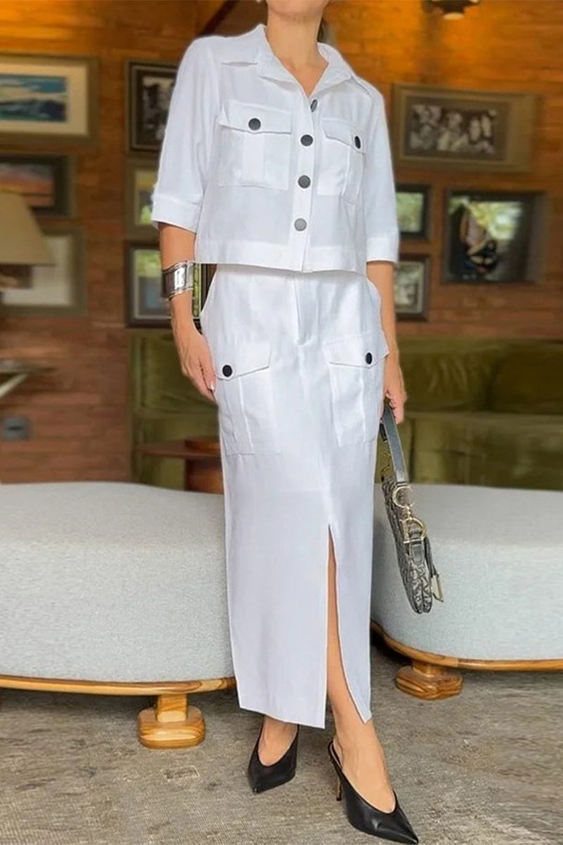 Casual Solid Pocket Buttons Slit Turndown Collar Half Sleeve Two Pieces - Fashionpara