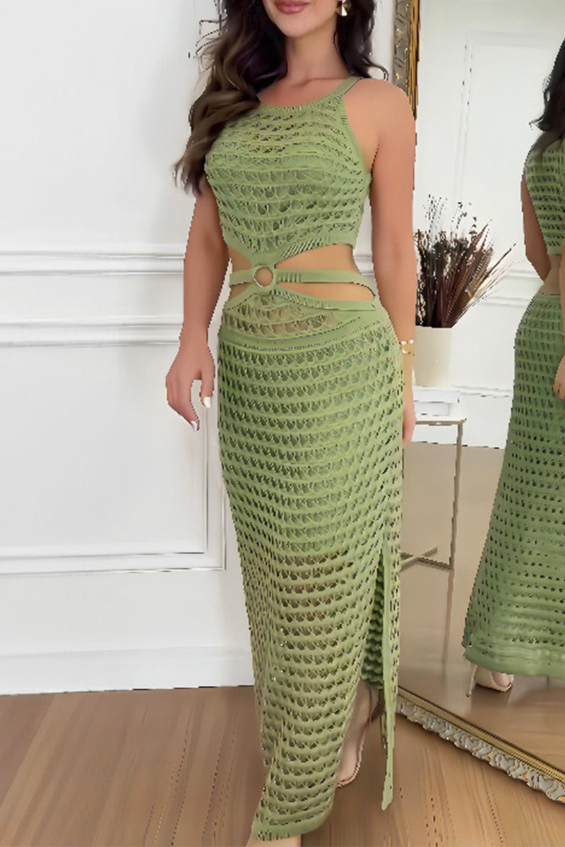 Sexy Vacation Solid Hollowed Out O Neck Irregular Dresses - Fashionpara