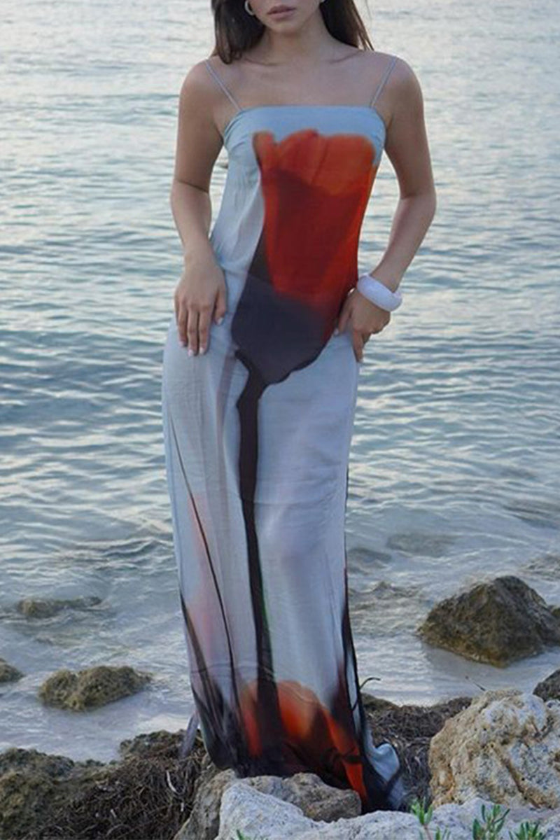 Sexy Print Flowers See-through Sling Dresses  Fashionpara