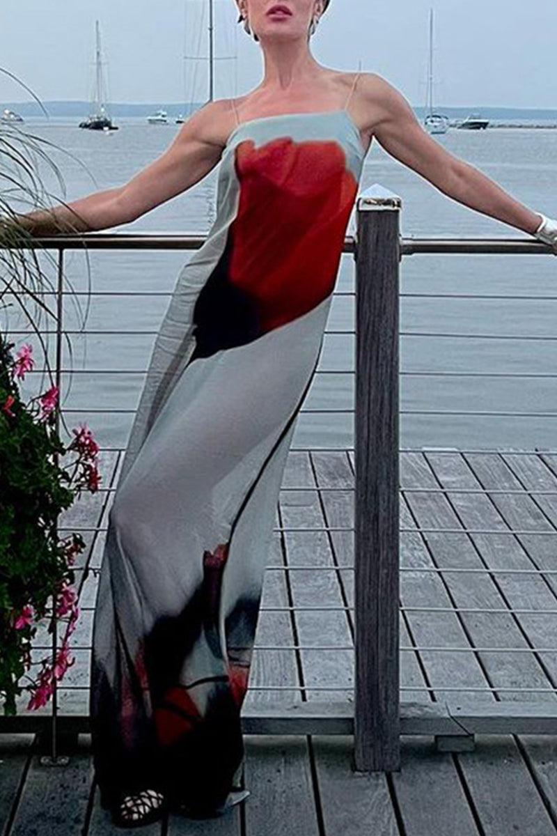 Sexy Print Flowers See-through Sling Dresses  Fashionpara