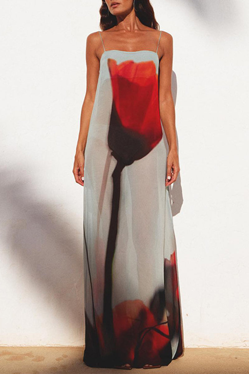 Sexy Print Flowers See-through Sling Dresses  Fashionpara