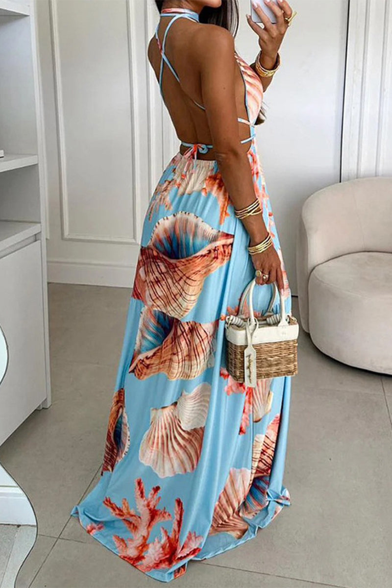 Sexy Vacation Print Frenulum Backless Halter Printed Dresses - Fashionpara