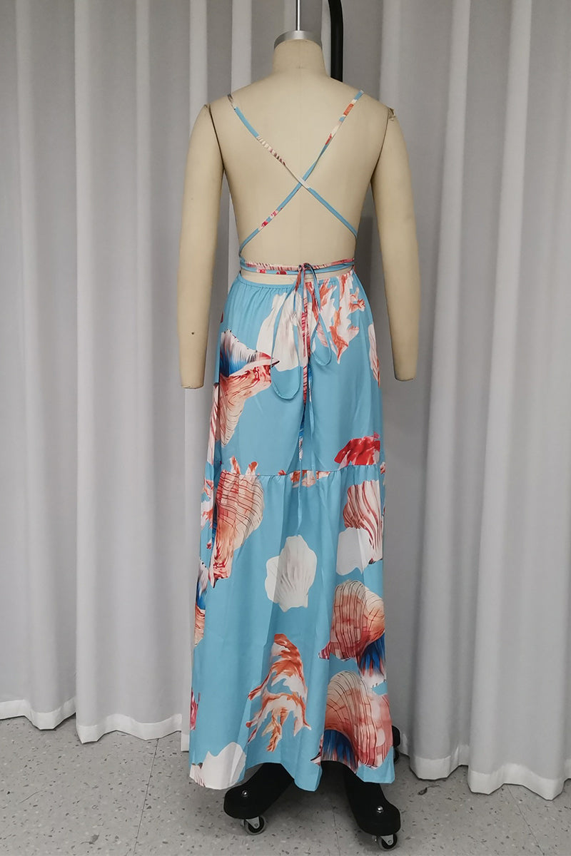 Sexy Vacation Print Frenulum Backless Halter Printed Dresses - Fashionpara