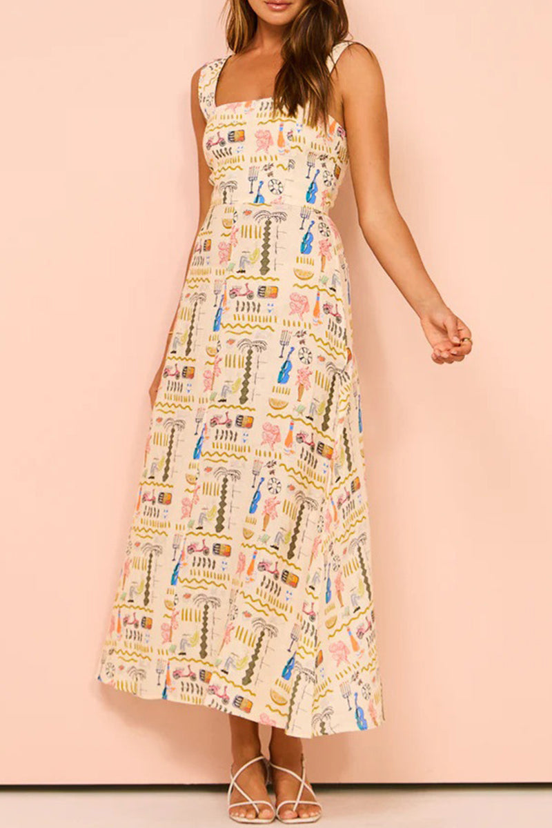 Casual Character Print Patchwork Square Collar Printed Dresses  Fashionpara