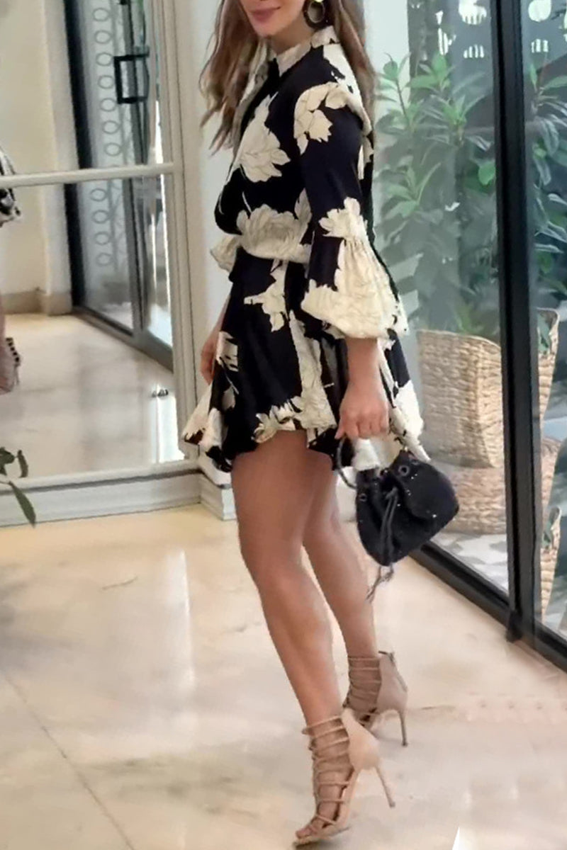 Vintage Elegant Floral Frenulum Mandarin Collar A Line Dresses - Fashionpara