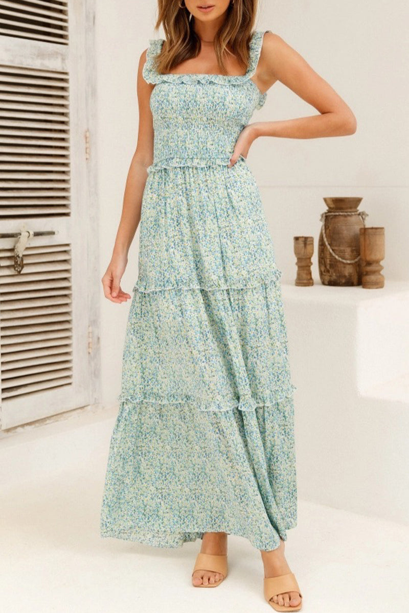 Sweet Elegant Print Flowers Fold Stringy Selvedge Off the Shoulder A Line Dresses(5 Colors)