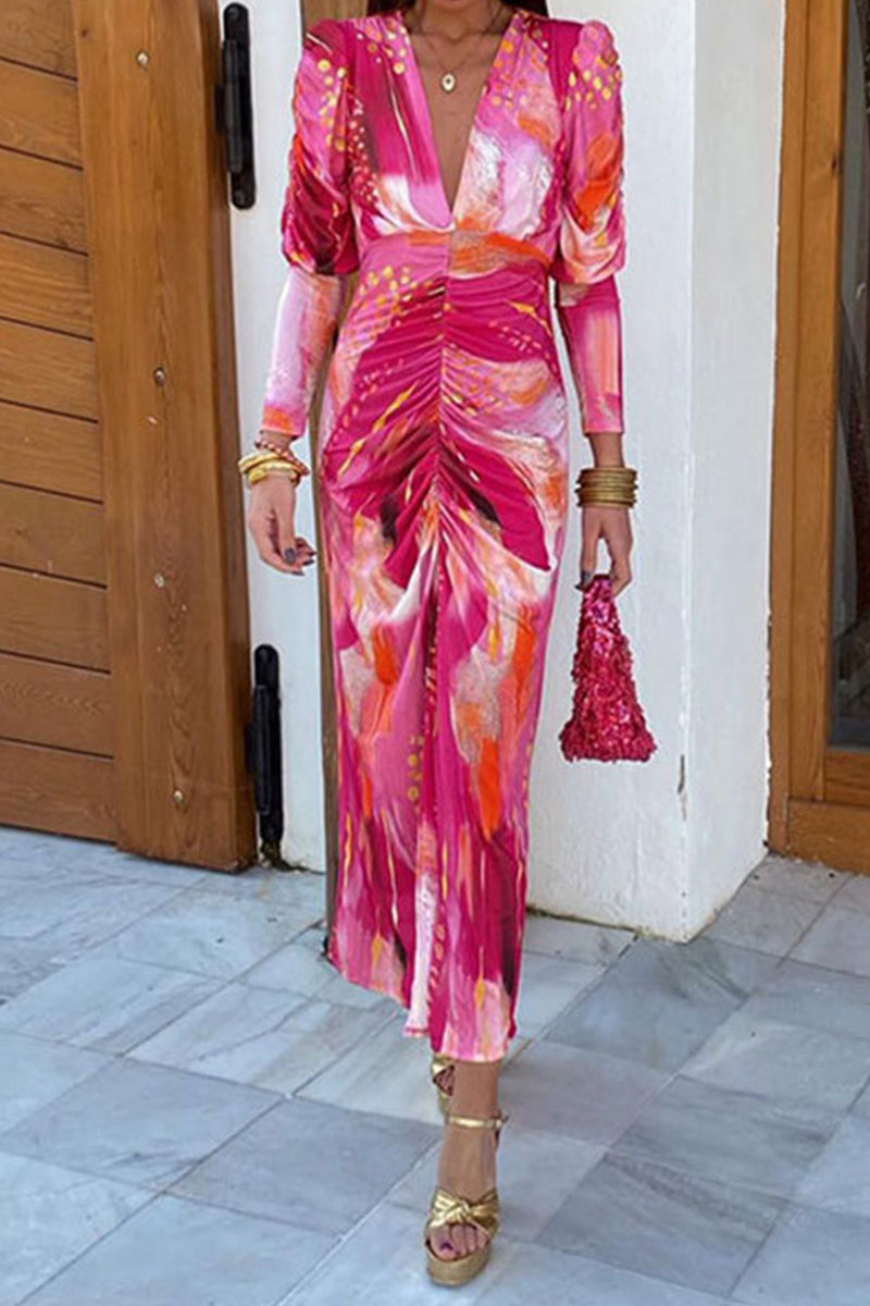 Elegant Gradient Print Fold V Neck Printed Dresses - Fashionpara