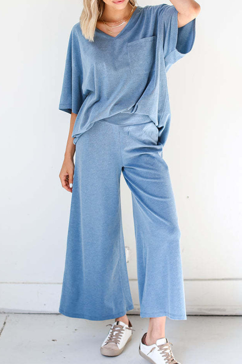 Casual Simplicity Solid Pocket V Neck Short Sleeve Two Pieces(4 Colors)