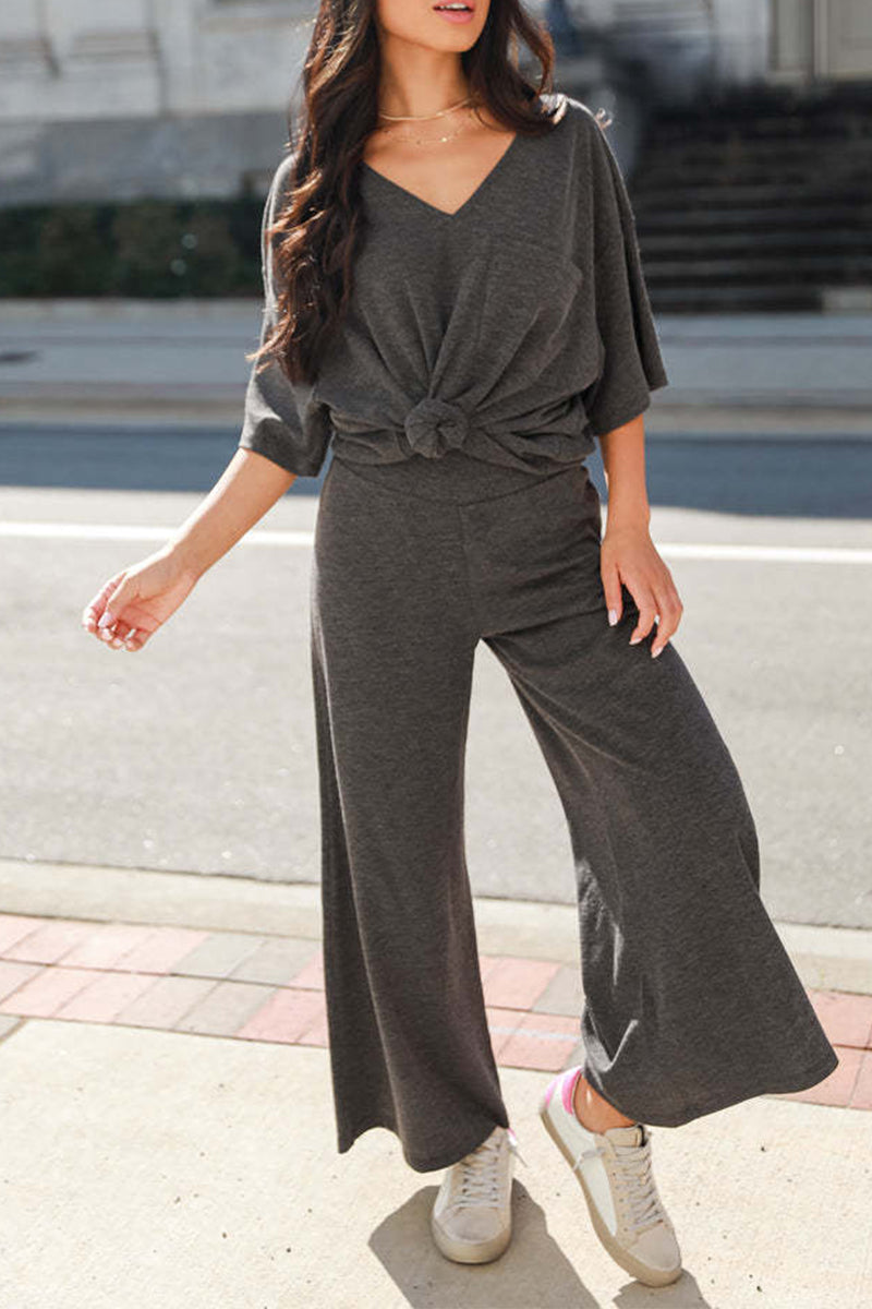 Casual Simplicity Solid Pocket V Neck Short Sleeve Two Pieces(4 Colors)