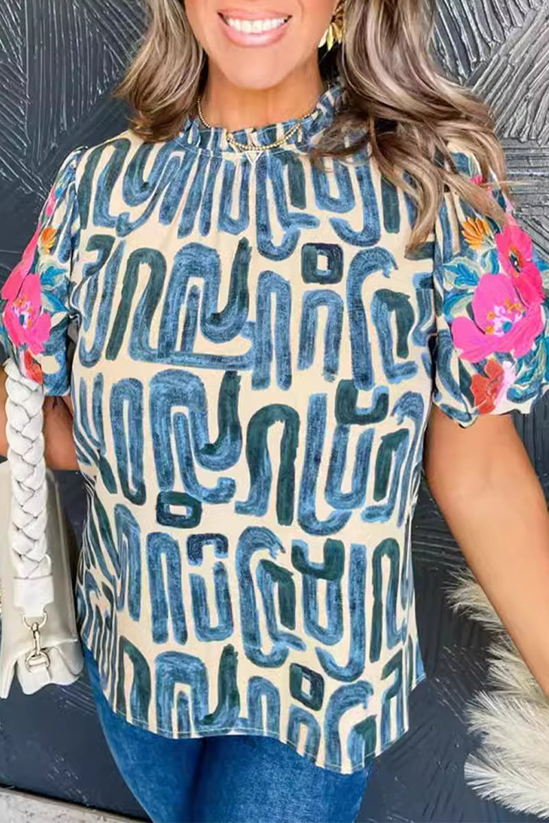 Casual Geometric Print Flowers Contrast Lotus Leaf Collar T-Shirts - Fashionpara