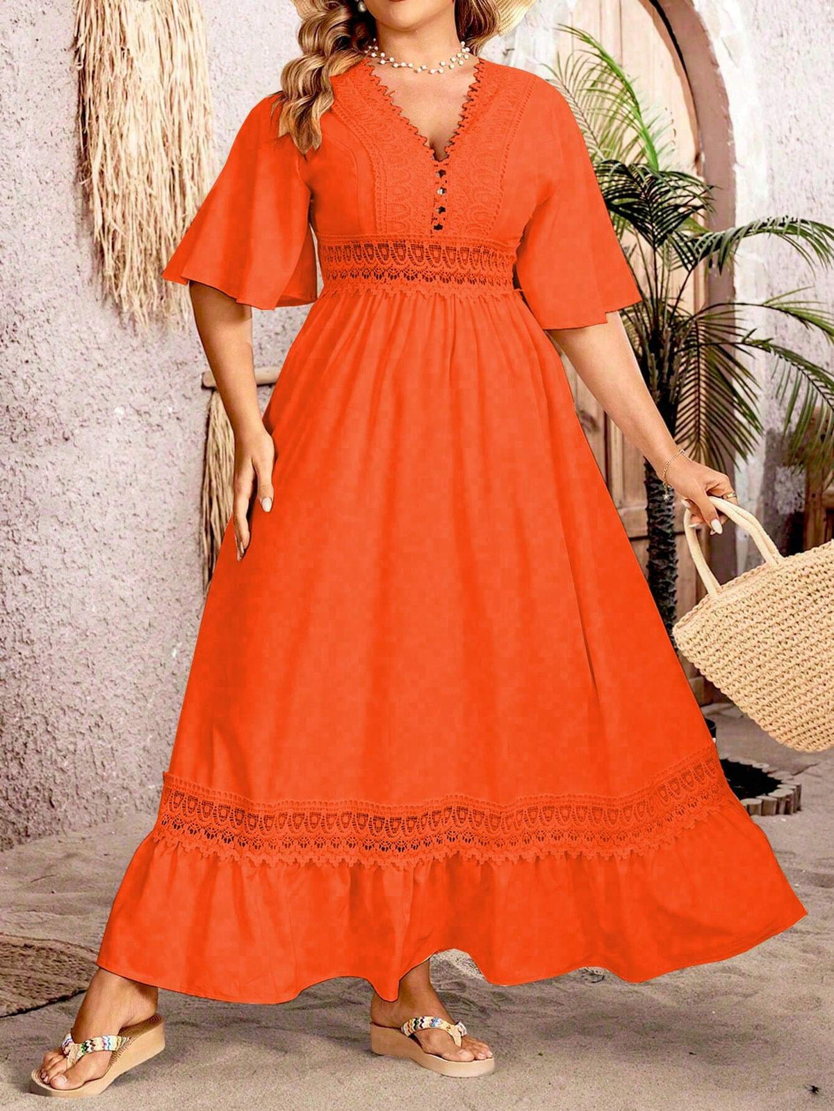 V-Neck Flutter Sleeve Crochet Lace Insert Empire Waist Maxi Dress - View 2