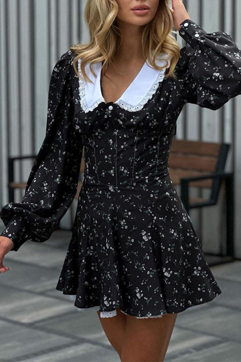 Elegant Floral Buttons Peter Pan Collar A Line Dresses - Fashionpara