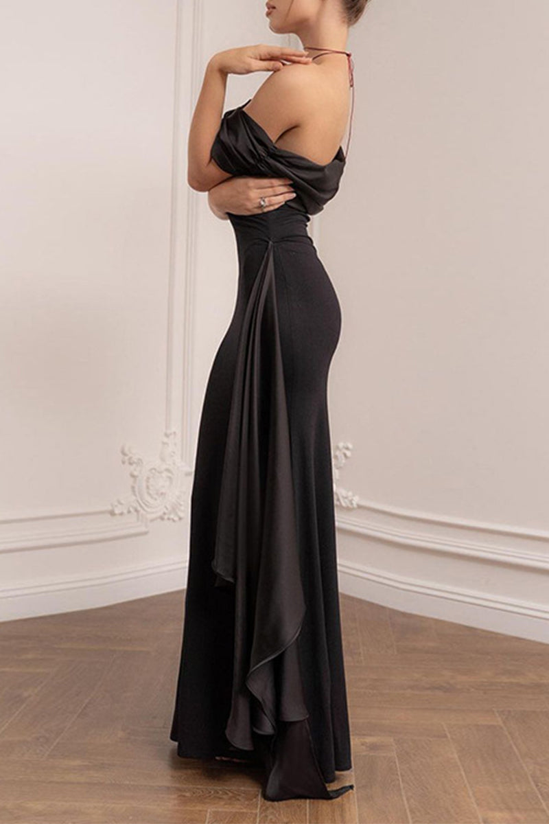 Sexy Formal Solid Mesh Oblique Collar Evening Dresses - Fashionpara