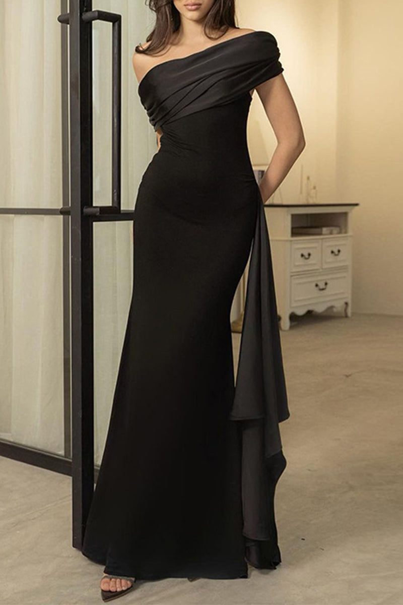 Sexy Formal Solid Mesh Oblique Collar Evening Dresses - Fashionpara