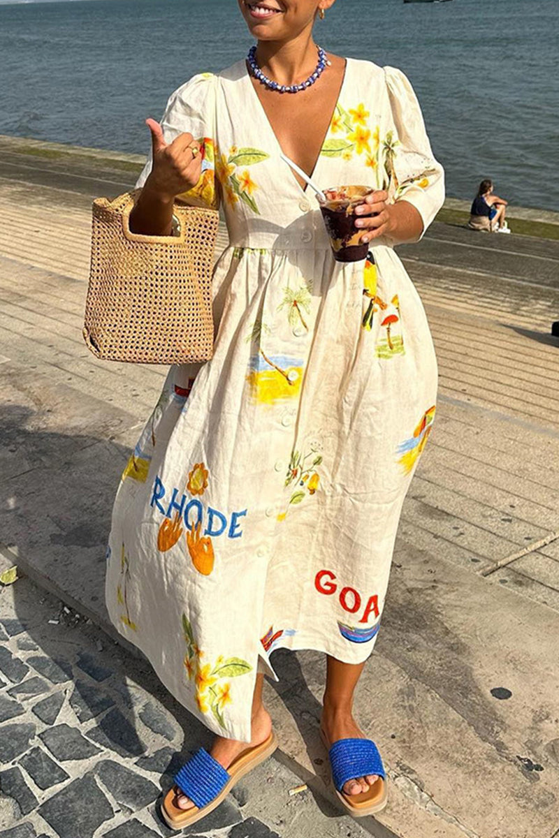 Casual Character Print Buttons V Neck A Line Dresses  Fashionpara