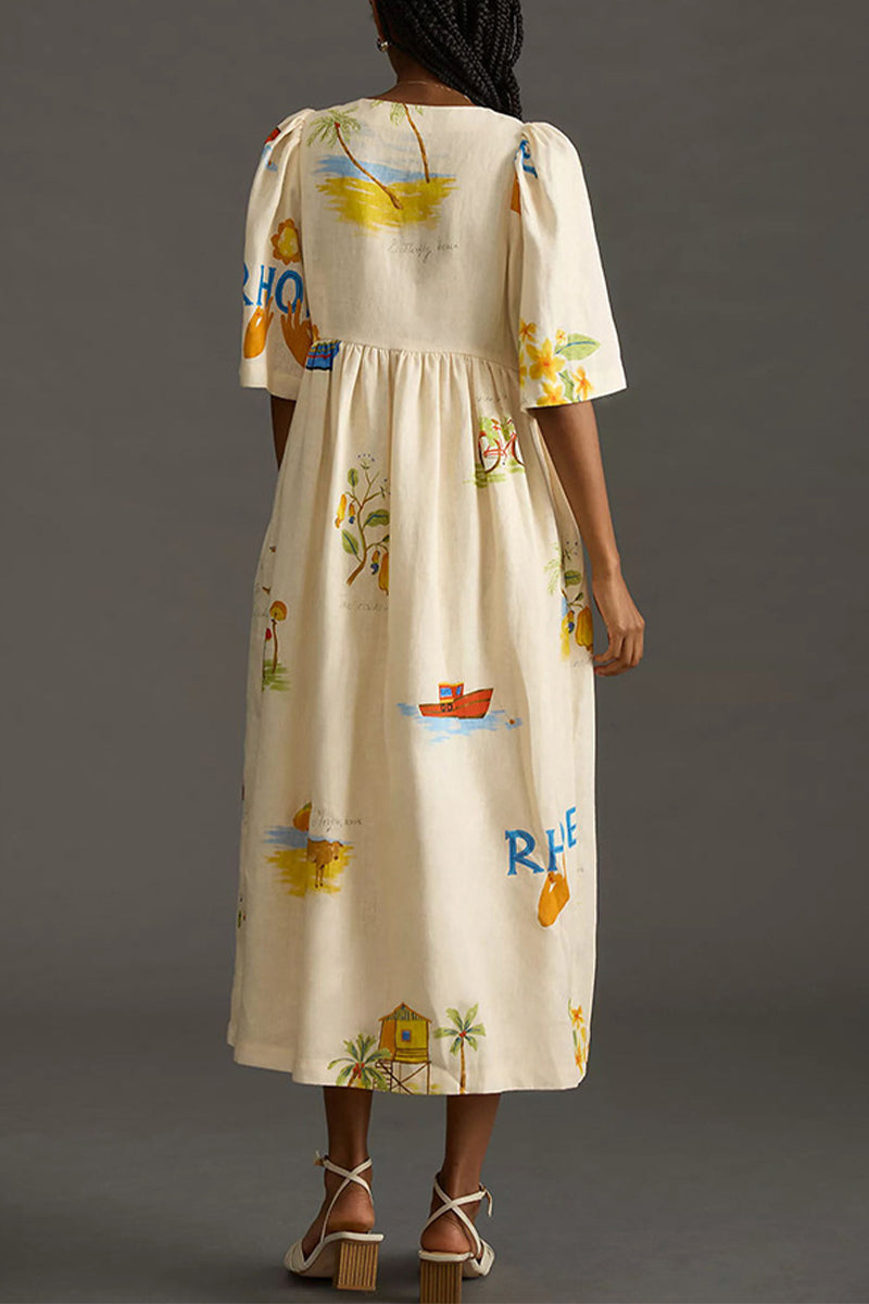 Casual Character Print Buttons V Neck A Line Dresses  Fashionpara