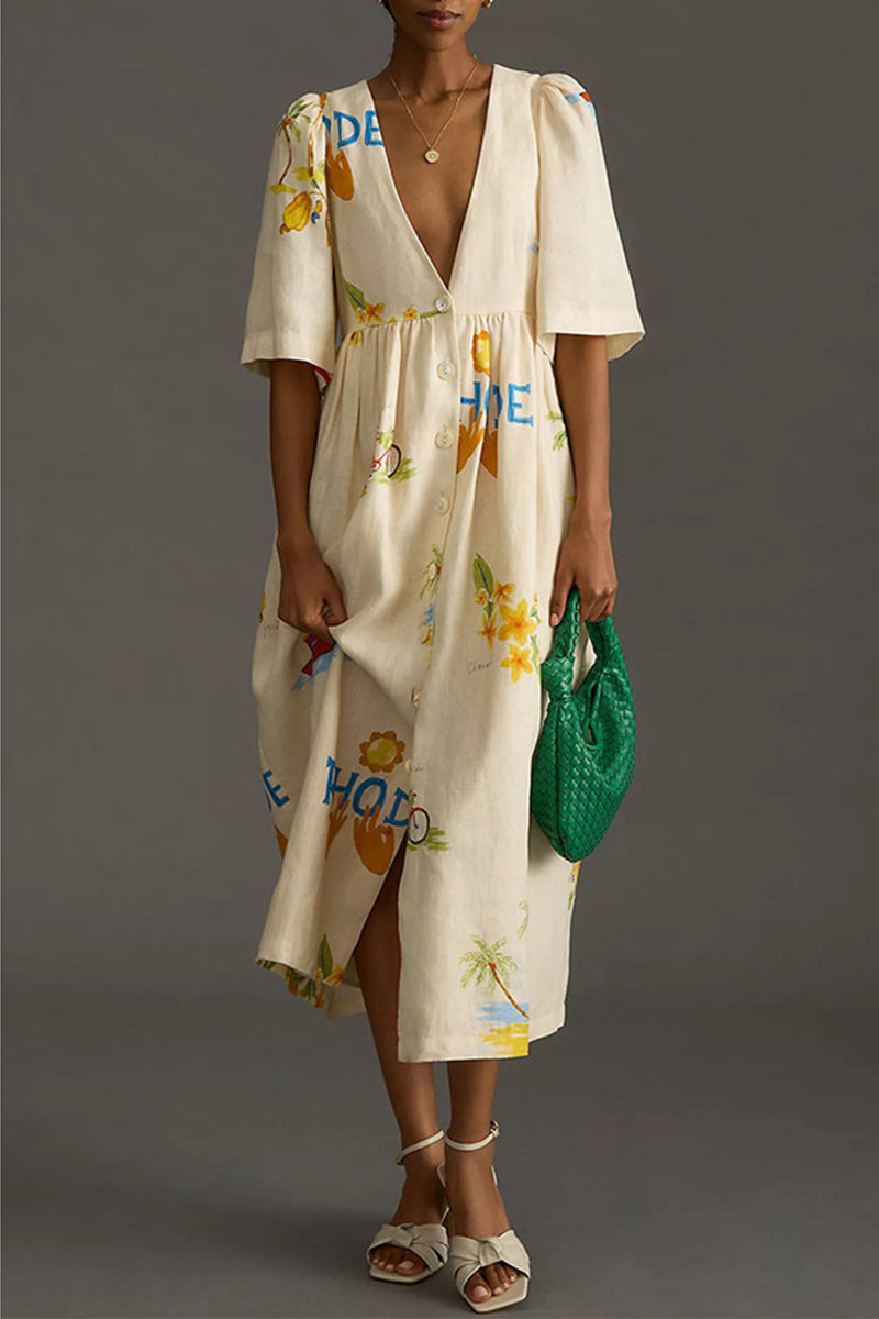 Casual Character Print Buttons V Neck A Line Dresses  Fashionpara