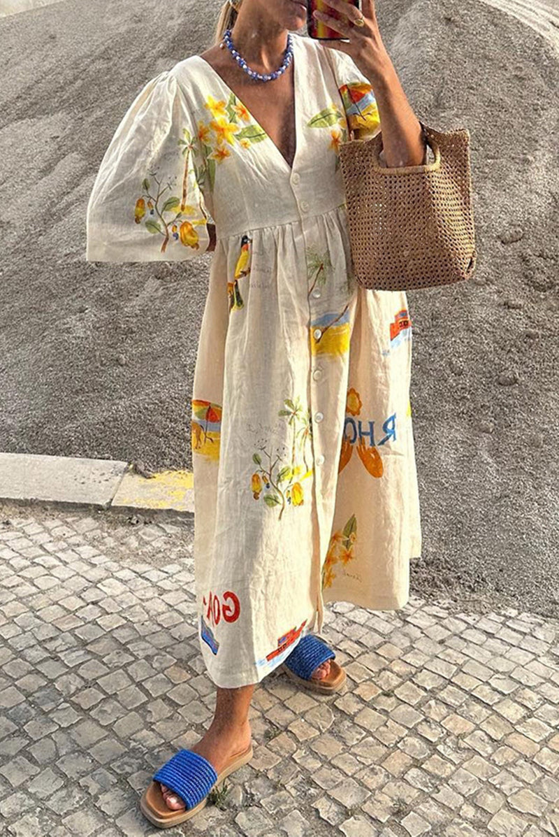 Casual Character Print Buttons V Neck A Line Dresses  Fashionpara