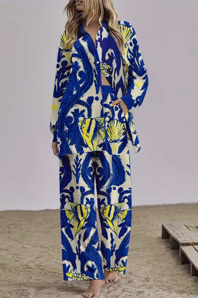 Casual Geometric Not Positioning Printed Pocket Turndown Collar Long Sleeve Two Pieces