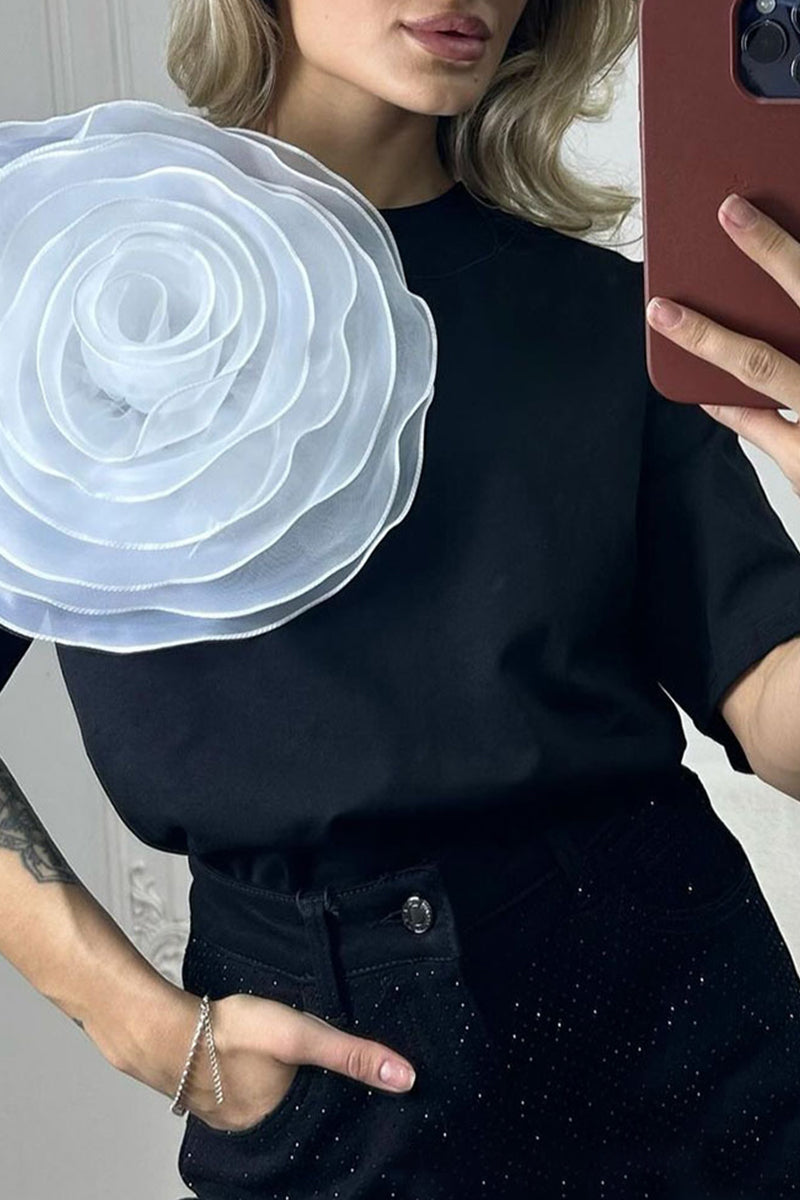 Casual Sweet Solid Flowers O Neck T-Shirts(4 Colors) - Fashionpara