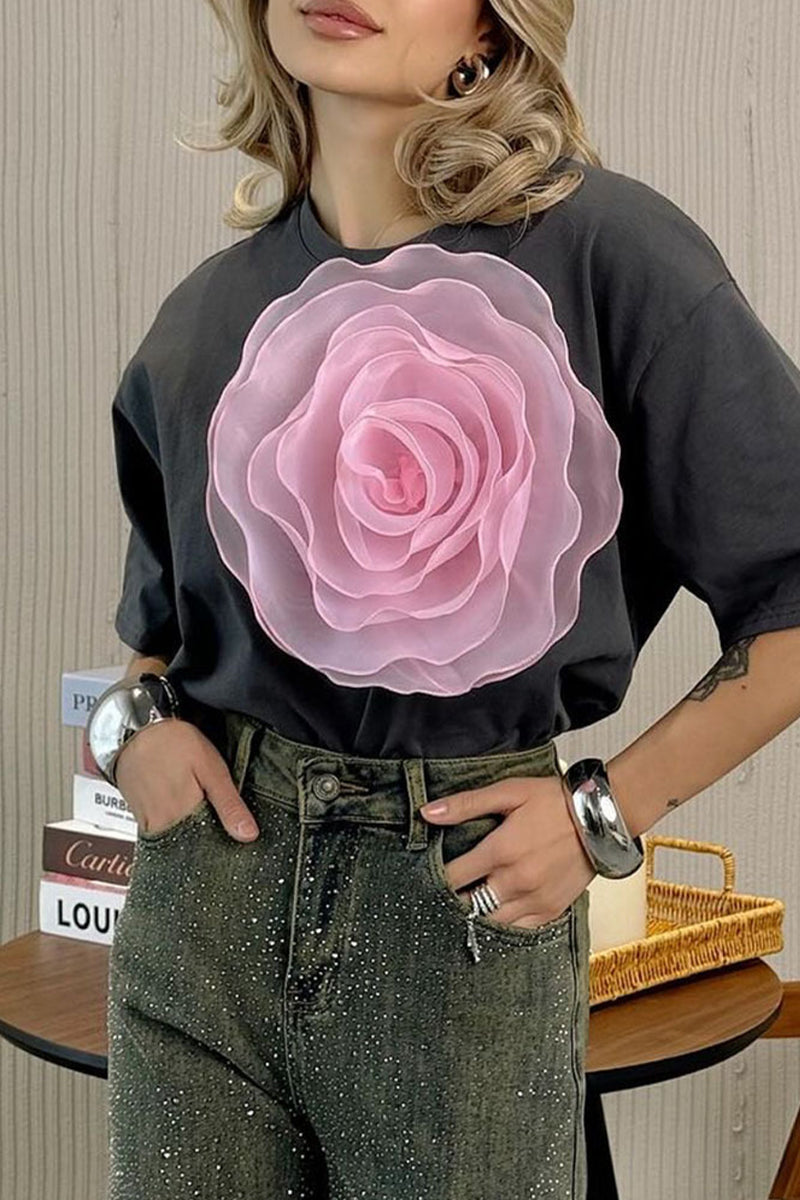 Casual Sweet Solid Flowers O Neck T-Shirts(4 Colors) - Fashionpara