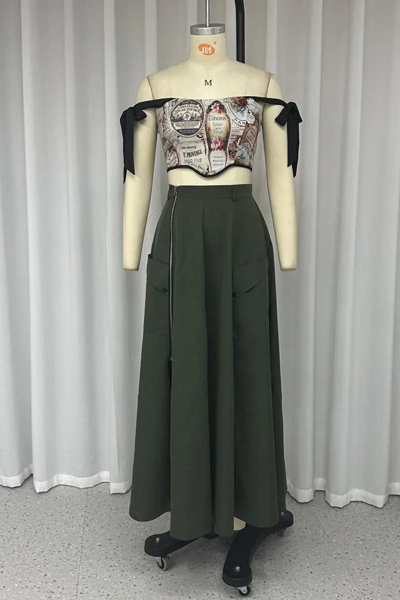 Sexy College Letter Print Without Belt Asymmetrical Zipper Off the Shoulder Two Pieces(No Belt)  Fashionpara