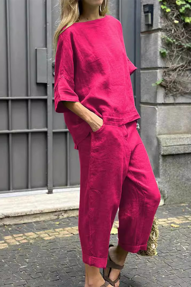 Casual Solid Pocket O Neck Three Quarter Two Pieces(8 Colors) - Fashionpara