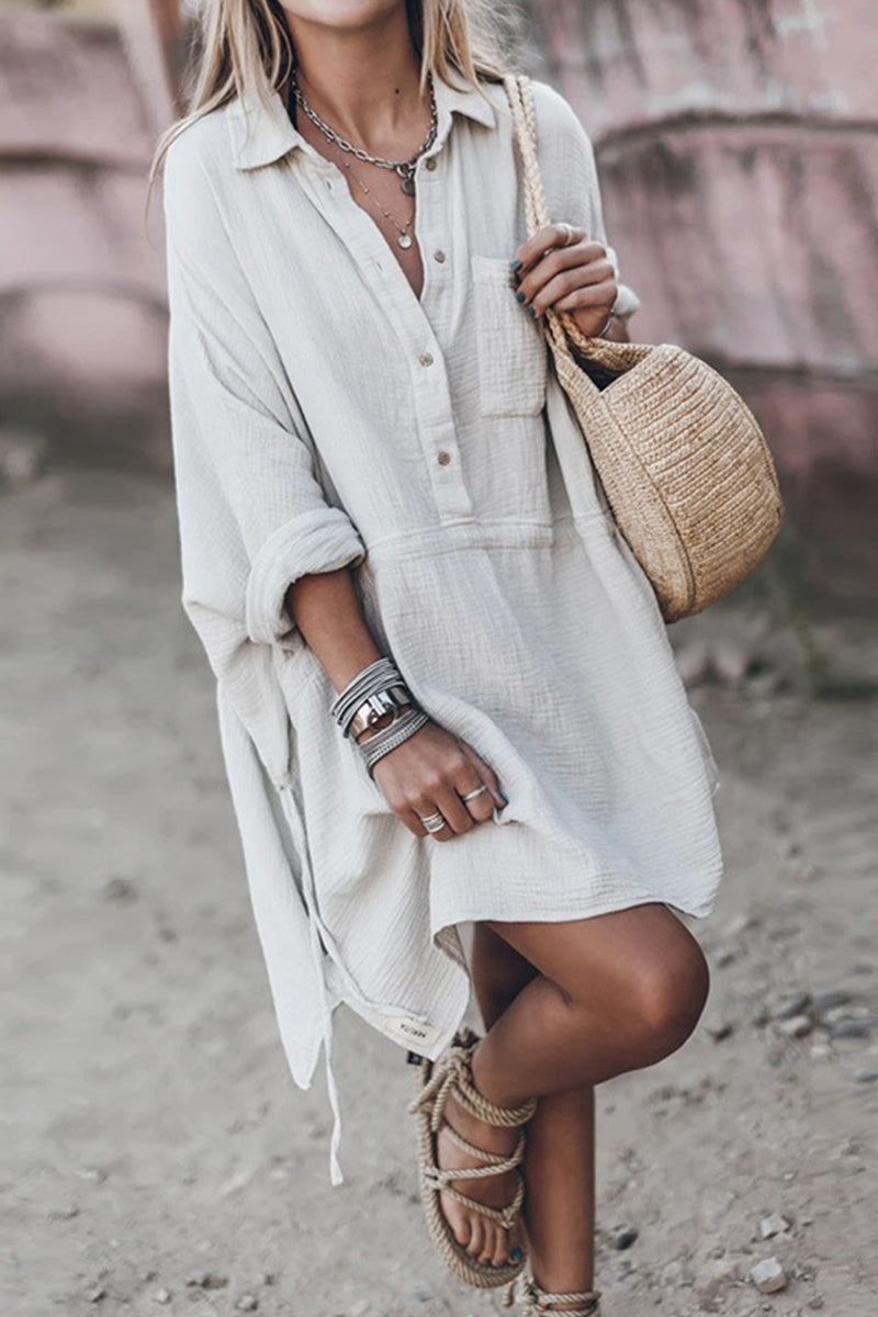 Casual Solid Draw String Pocket Buttons Turndown Collar Irregular Dresses - Fashionpara