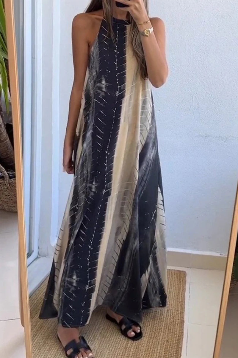 Casual College Gradient Print Backless Contrast Halter Printed Dresses - Fashionpara