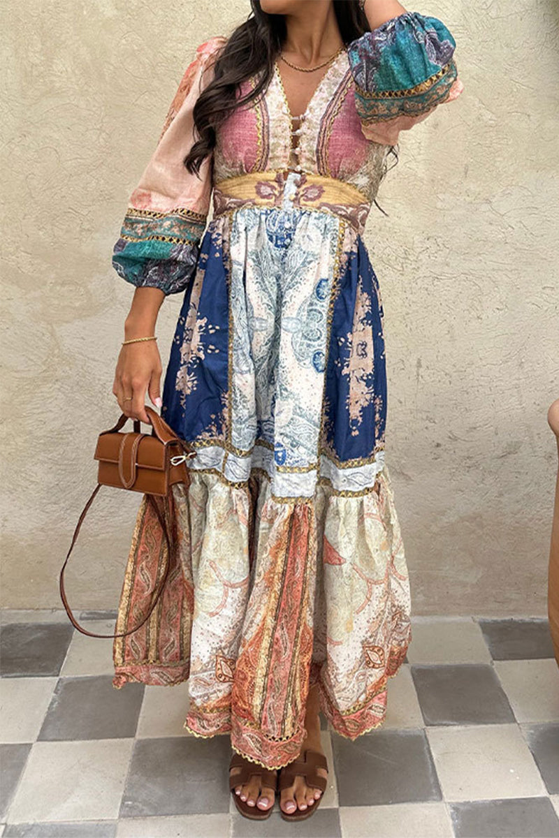 Elegant College Print Floral Contrast V Neck Dresses  Fashionpara