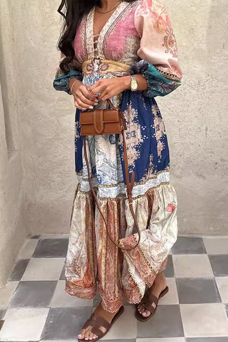 Elegant College Print Floral Contrast V Neck Dresses  Fashionpara