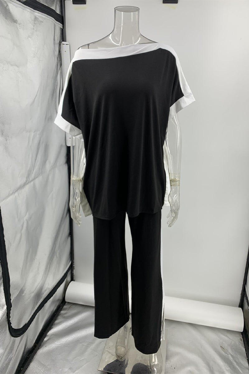 Casual Striped Patchwork Oblique Collar Half Sleeve Two Pieces - Fashionpara