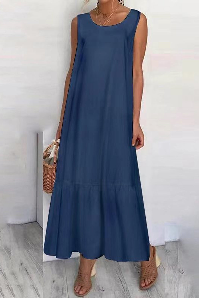 Casual Solid Patchwork Flounce O Neck A Line Dresses(3 Colors) - Fashionpara