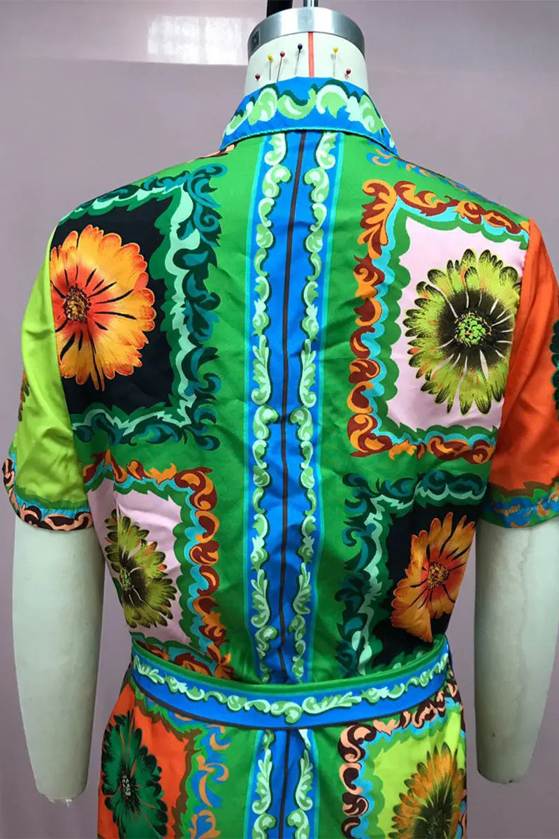 Casual Vacation Print Flowers Patchwork Turndown Collar Shirt Short Sleeve Dress  Fashionpara