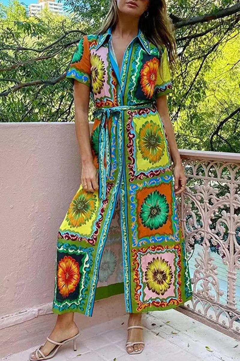 Casual Vacation Print Flowers Patchwork Turndown Collar Shirt Short Sleeve Dress  Fashionpara