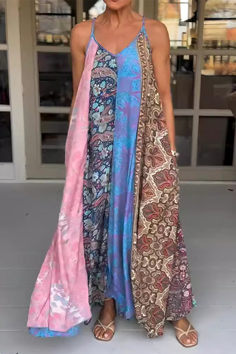 Casual Vintage Mixed Printing Contrast V Neck Printed Dresses(6 Colors) - Fashionpara