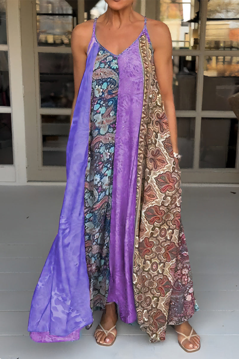 Casual Vintage Mixed Printing Contrast V Neck Printed Dresses(6 Colors) - Fashionpara