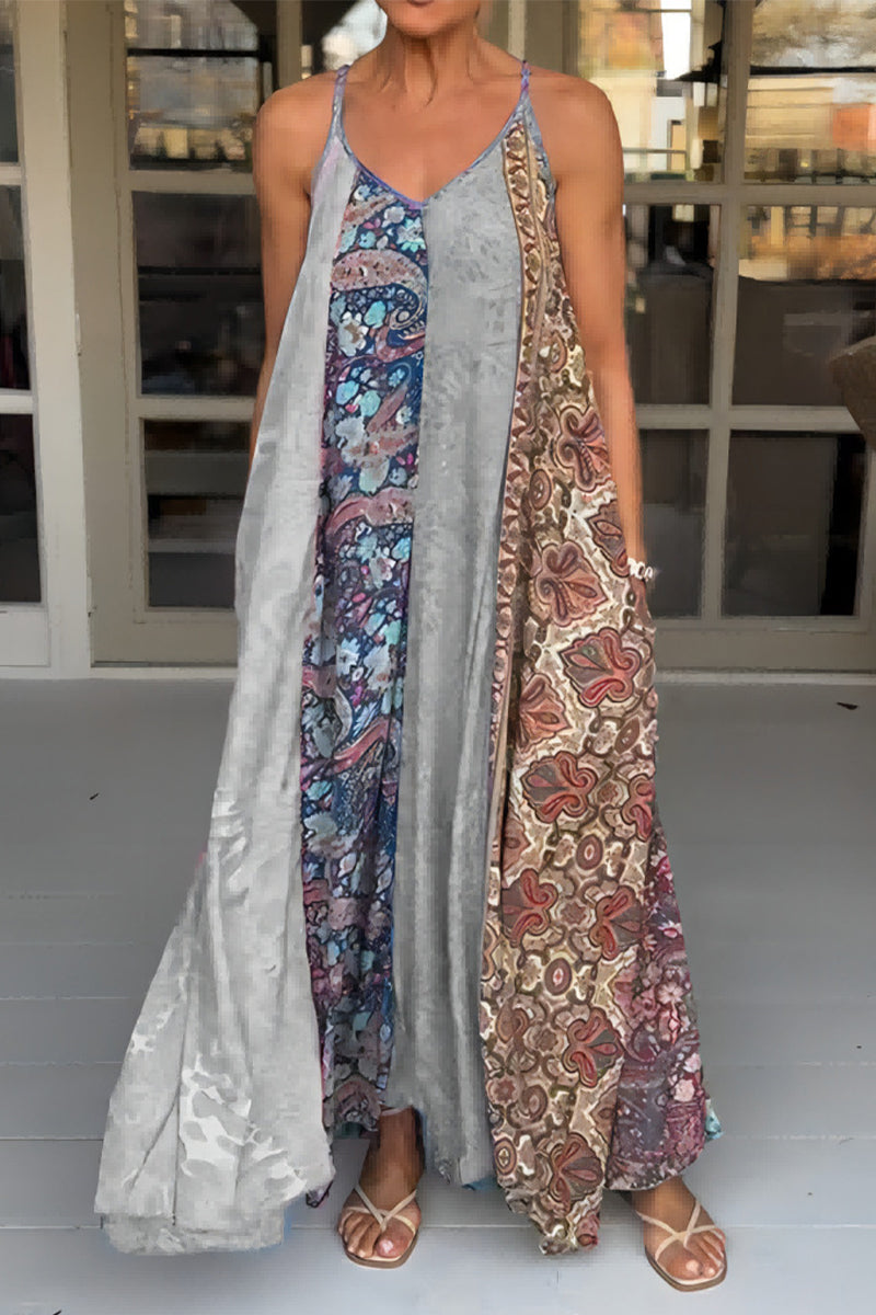 Casual Vintage Mixed Printing Contrast V Neck Printed Dresses(6 Colors) - Fashionpara