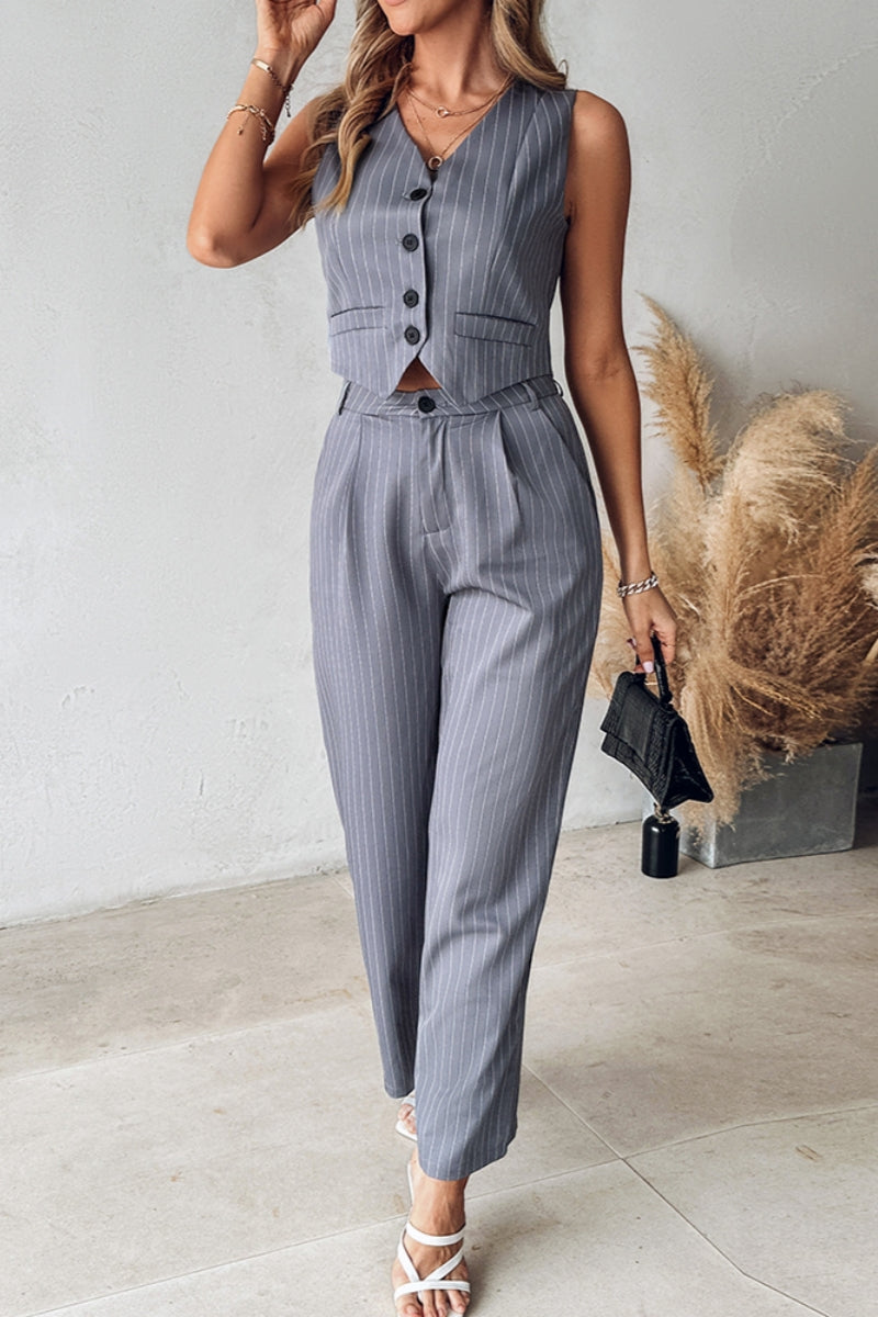 Casual Striped Patchwork V Neck Sleeveless Two Pieces - Fashionpara