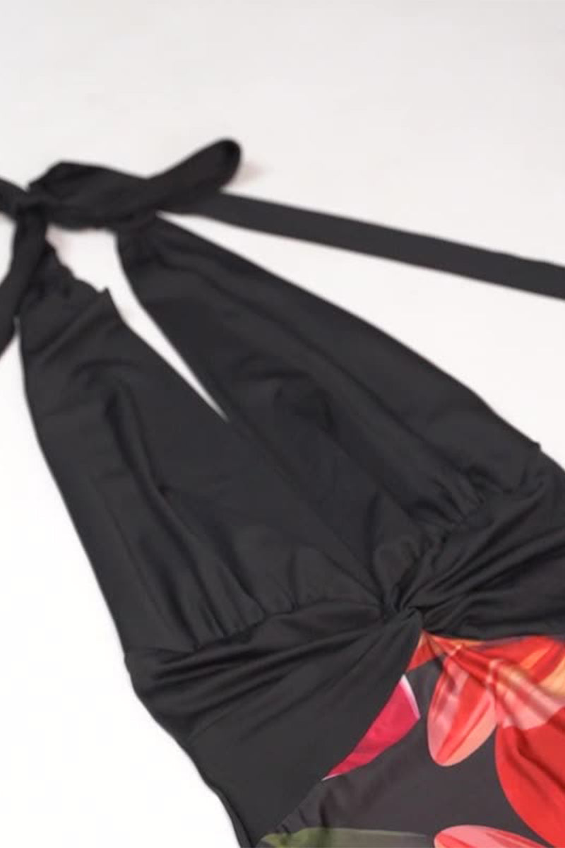 Sexy Floral Not Positioning Printed Backless Halter One Step Skirt Dresses - Fashionpara