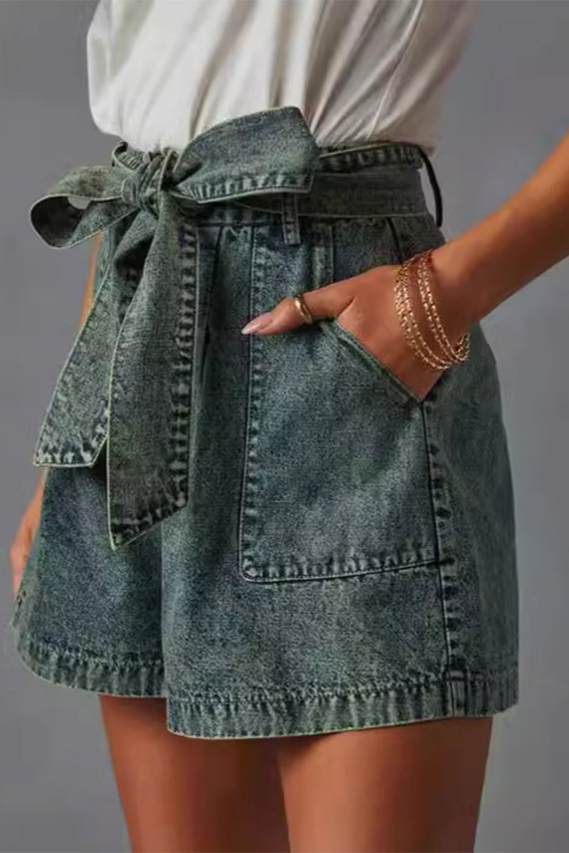 Casual Vintage Solid Bandage Make Old Pocket High Waist Denim Shorts - Fashionpara