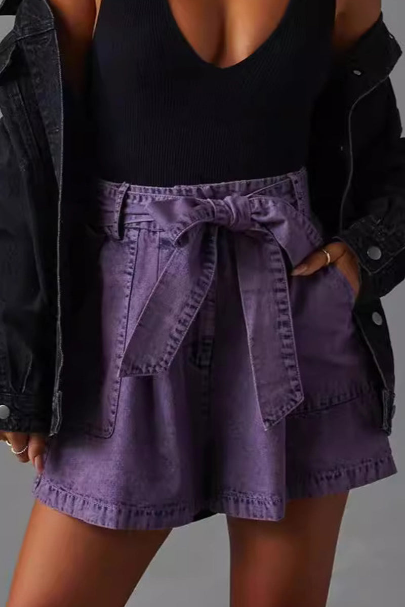 Casual Vintage Solid Bandage Make Old Pocket High Waist Denim Shorts - Fashionpara
