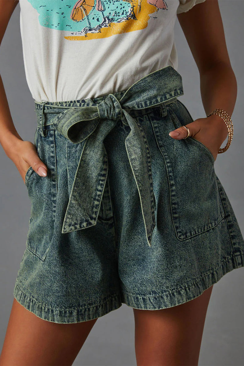Casual Vintage Solid Bandage Make Old Pocket High Waist Denim Shorts - Fashionpara
