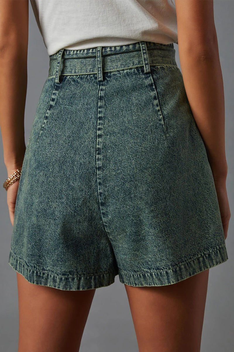 Casual Vintage Solid Bandage Make Old Pocket High Waist Denim Shorts - Fashionpara