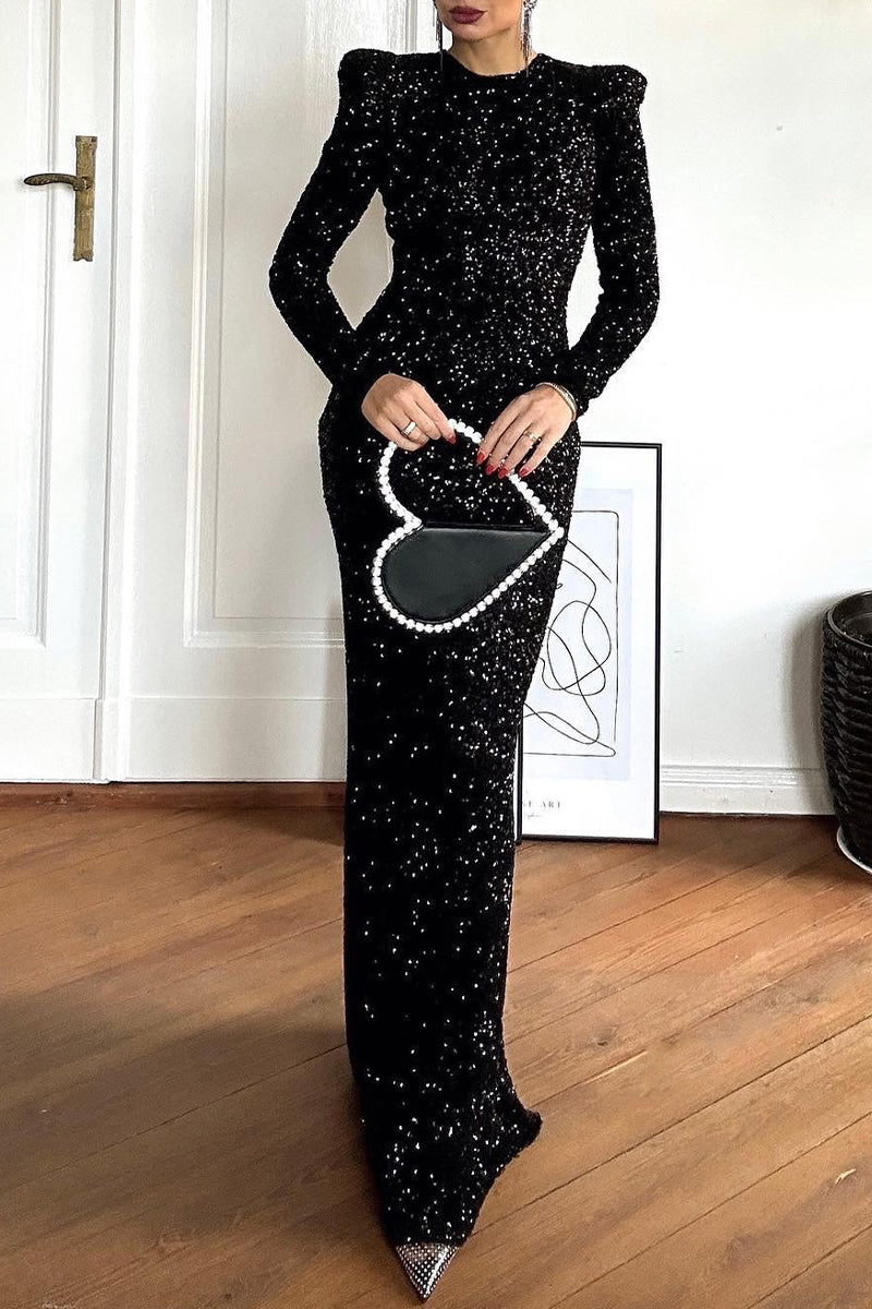 Elegant Solid Sequins Backless O Neck Evening Dresses - Fashionpara